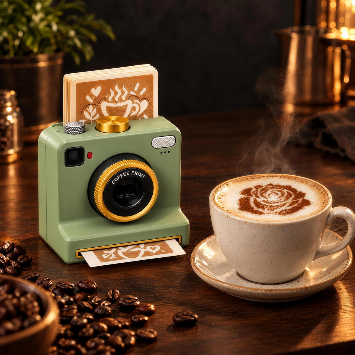 Cámara estampadora de café en ambiente de cafetería