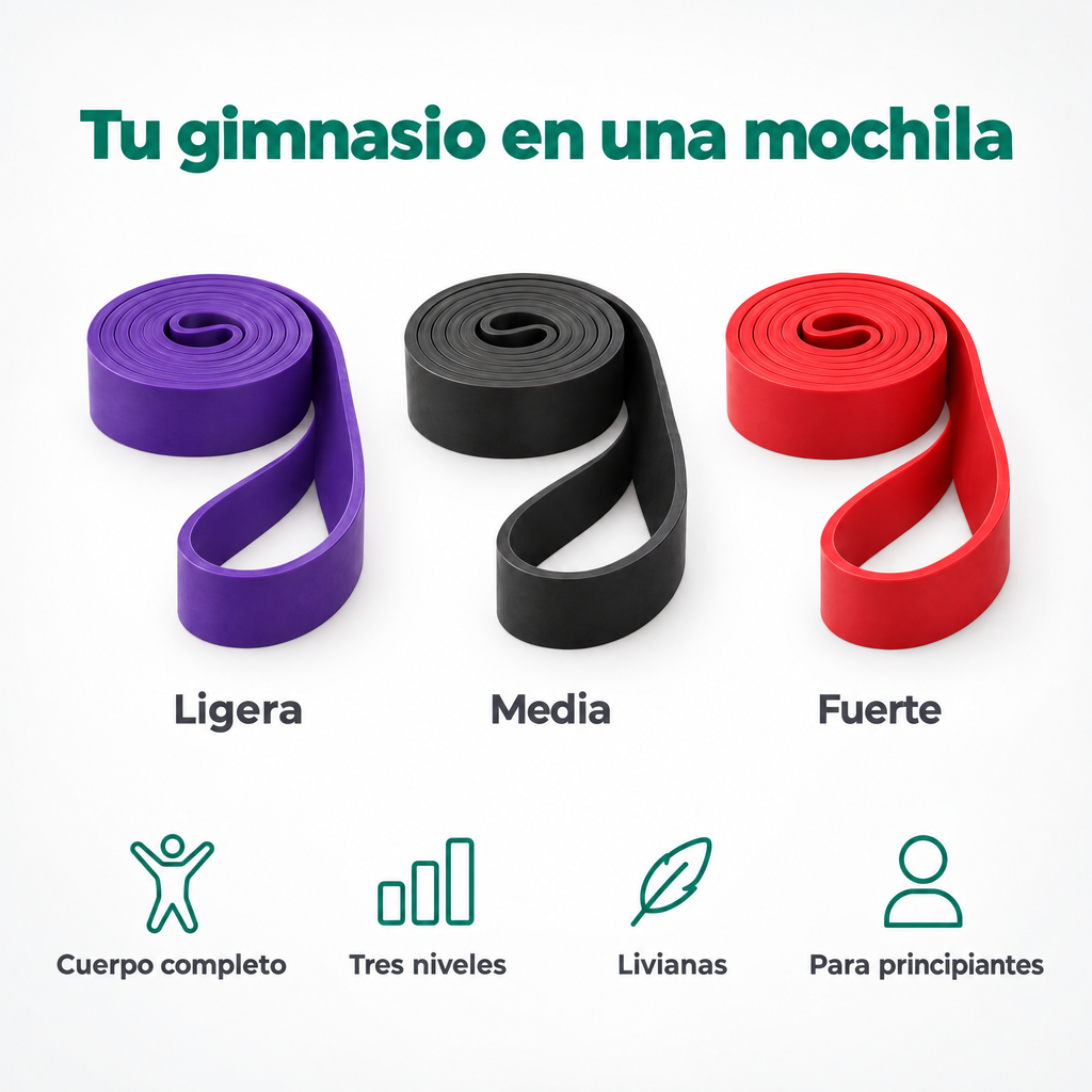 Tu gimnasio en una mochila: bandas ligera, media y fuerte