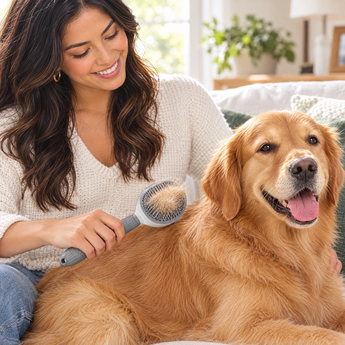 Cepillando a un perro con el cepillo autolimpiable