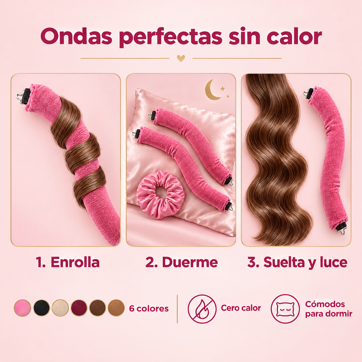 Ondas perfectas sin calor en 3 pasos, disponible en 6 colores