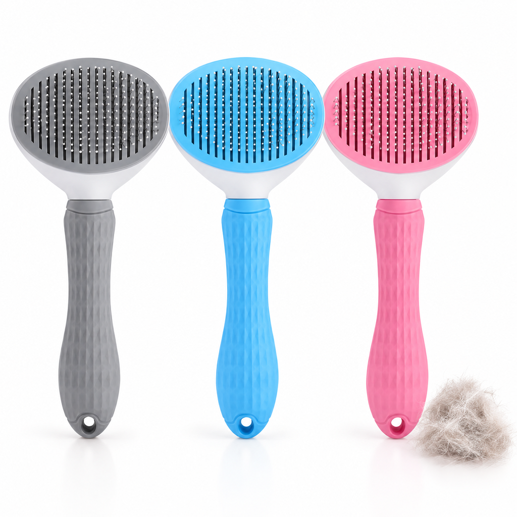 Cepillo autolimpiable para perros y gatos en gris, azul y rosa